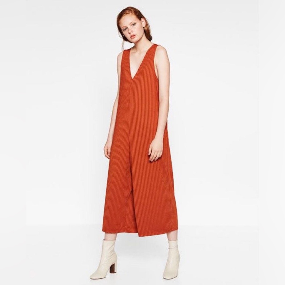 Zara Rust Orange Ribbed Strappy Jumpsuit